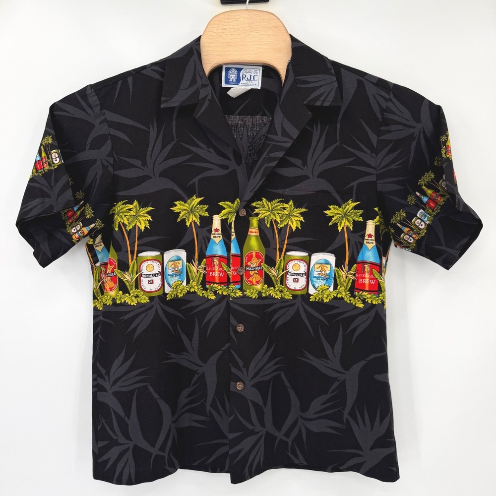 RJC Button Down Shirt Mens M Black Beer Bottle Tropical Aloha Made in Hawaii 154